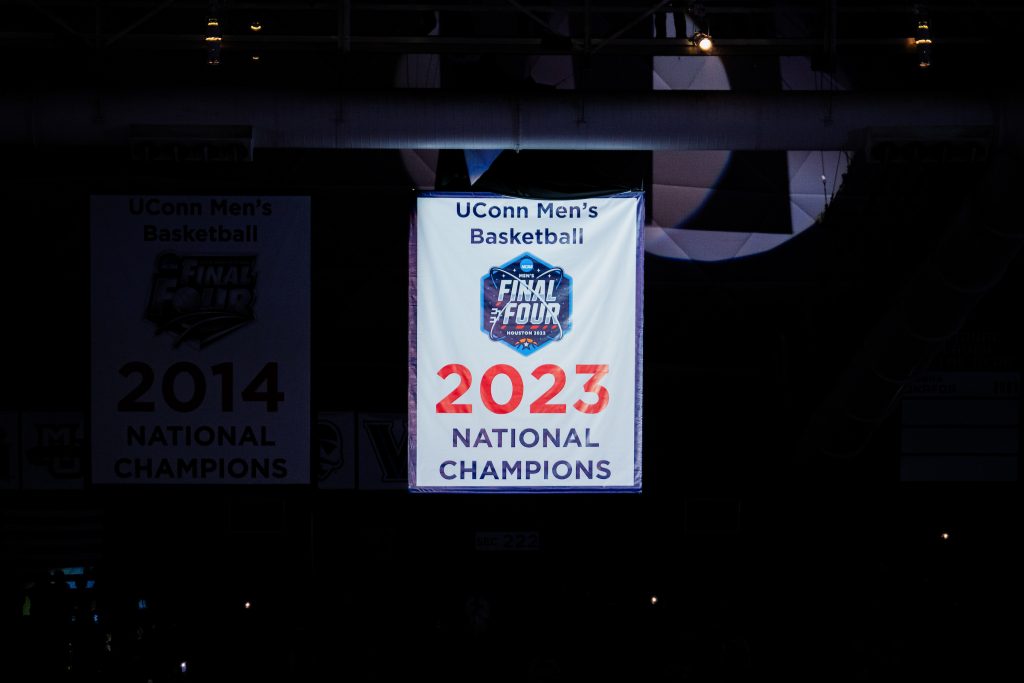As part of opening night festivities on Nov. 6, the UConn men's basketball team unveiled its 2023 National Championship banner at Gampel Pavilion in a pregame ceremony.