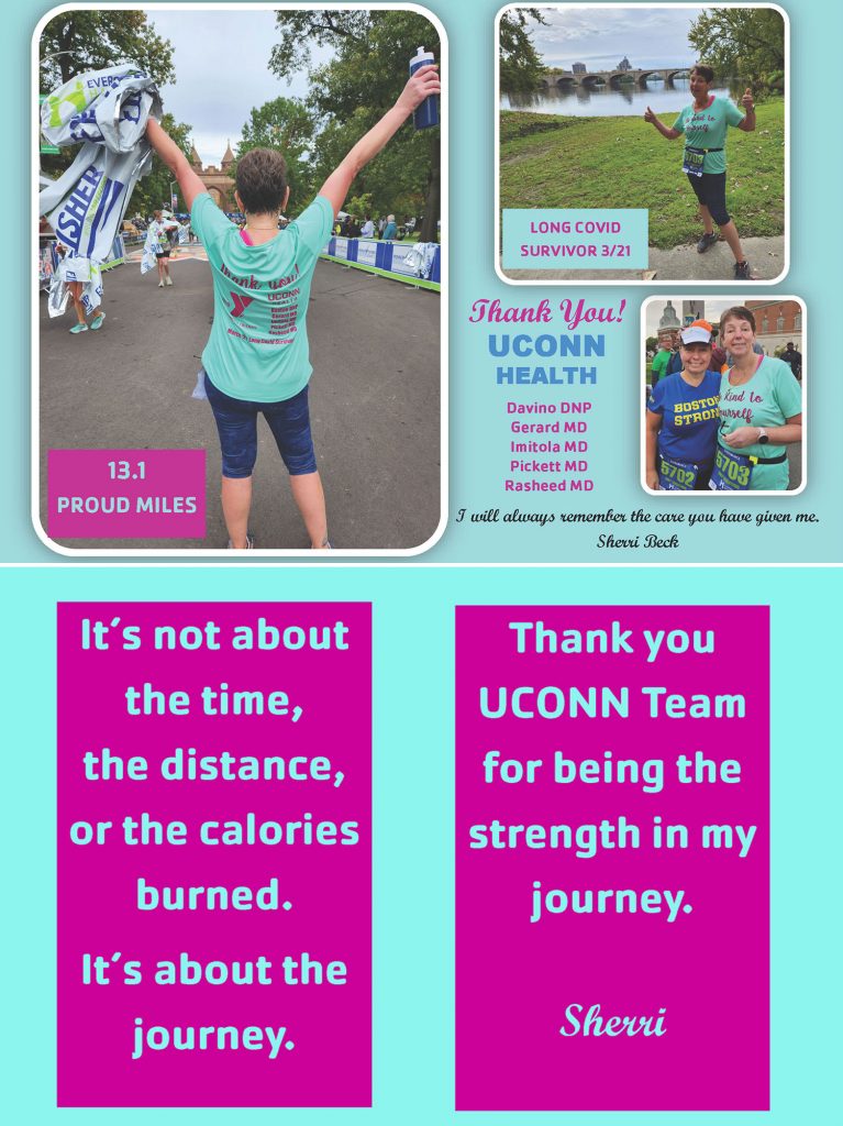 Thank you card showing runner at Hartford Half Marathon, with the message: "Thank you UConn Health, Davino DNP, Gerard MD, Imitola MD, Pickett MD, Rasheed MD, I will always remember the care you have given me, Sherri Beck" on the front, and on the back, "It's not about the time, the distance, or the calories burned. It's about the journey. Thank you UConn team for being the strength in my journey. Sherri"