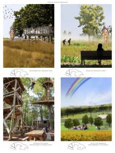 Project designs that incorporate recreation opportunities including a playscape, boardwalks, a ropes course, and many bike and walking trails.