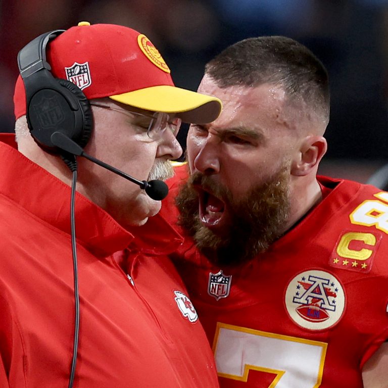 Travis Kelce #87 of the Kansas City Chiefs reacts at Head coach Andy Reid in the first half against the San Francisco 49ers during Super Bowl LVIII at Allegiant Stadium on February 11, 2024 in Las Vegas, Nevada.