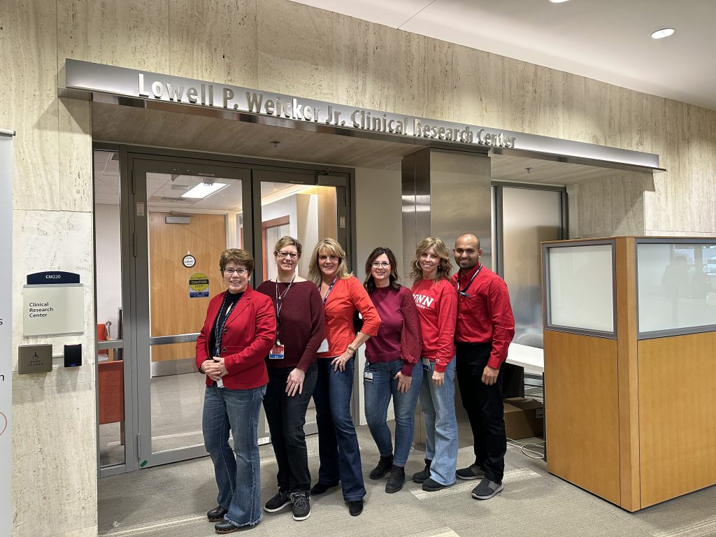 Clinical Research Center team. From left: Catherine Jahne, Research Assistant 3, Heather Vargas, Research Nurse, Elizabeth Laska, Nurse Manager, Megan Clement, Clinical Assistant 3, Sheila Thurlow, Research Facilitator, and Sumith Abraham Varghese, Research Nurse.