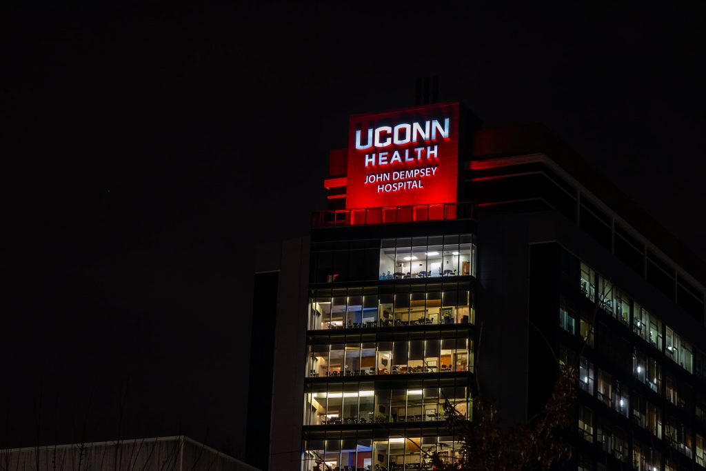 This February 2024 in honor of American Heart Month, UConn Health's campus is lighting-up red to raise greater awareness about the importance of preventing cardiovascular diseases (UConn Health Photo/Tina Encarnacion).