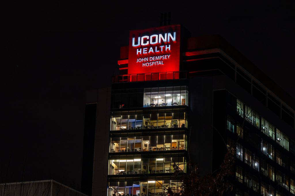 Every February in honor of American Heart Month, UConn Health's campus lights-up red to raise greater awareness about the importance of preventing cardiovascular diseases (UConn Health Photo/Tina Encarnacion).