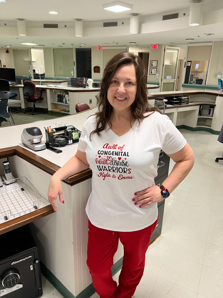Jennifer Pickert, RN of neurology wears red for her nieces with congenital heart disease. They are young warriors that continue to battle against their disease she says.