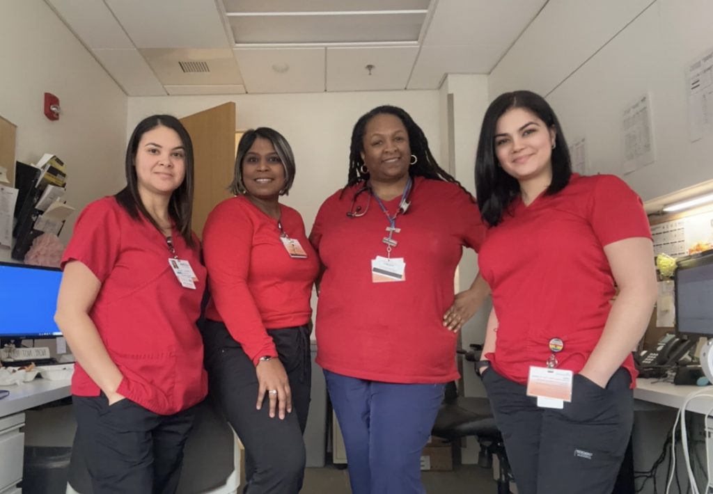 Medical Assistants in cardiology from left to right are Glenda Nieves, Savi Bhikhdhari, Connie Simmons, and Natalia Estevez.