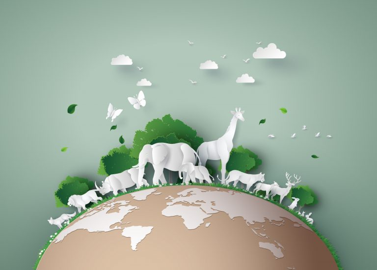Graphic depicting wildlife on a globe