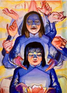 Irene Pham '24 (SFA) created a series of paintings as part of her exhibition, "From Grandfather to Mother, From Mother to Daughter," which explores her Vietnamese family's intergenerational relationships. This is a piece of from the series, which was on display in late March.