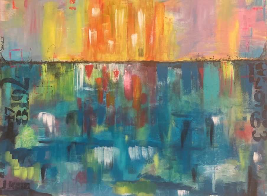 "Infused Sunset" by artist Sharon Smalls is on display as part of the "Symphony of Colors" exhibition at the Ferguson Library near UConn Stamford. The show was curated by Isabella Montenegro '19 (SFA)