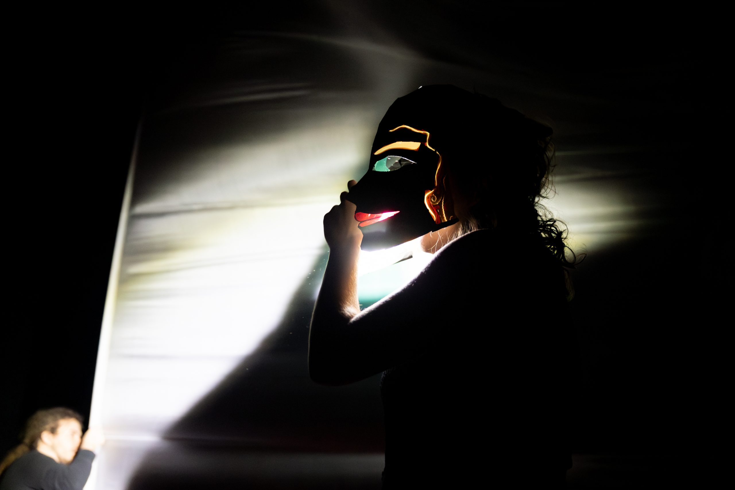 A cast member dons a mask while illuminated from behind a screen.