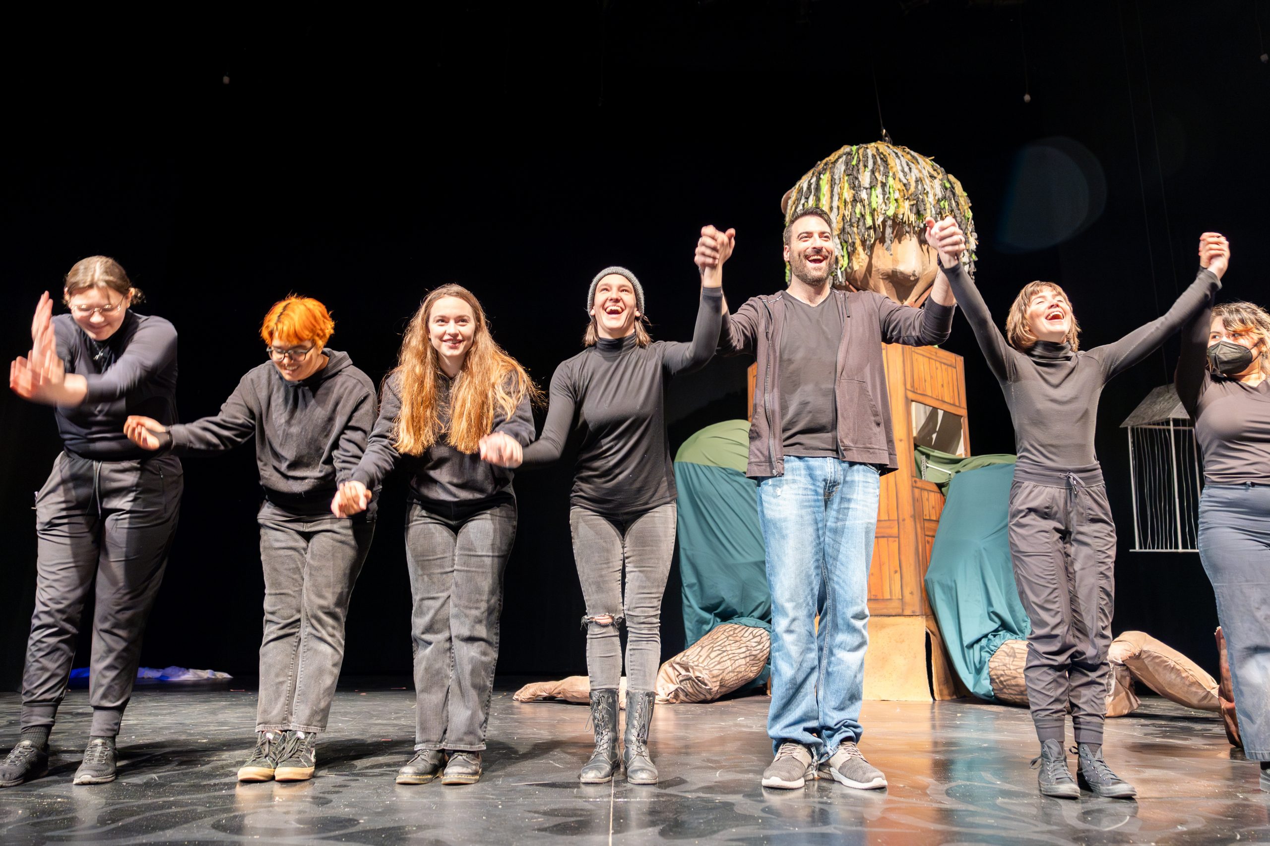 The cast and crew of "Taurus" take their first bows after the first run-through of tech week in the Nafe Katter Theater on April 6, 2024.