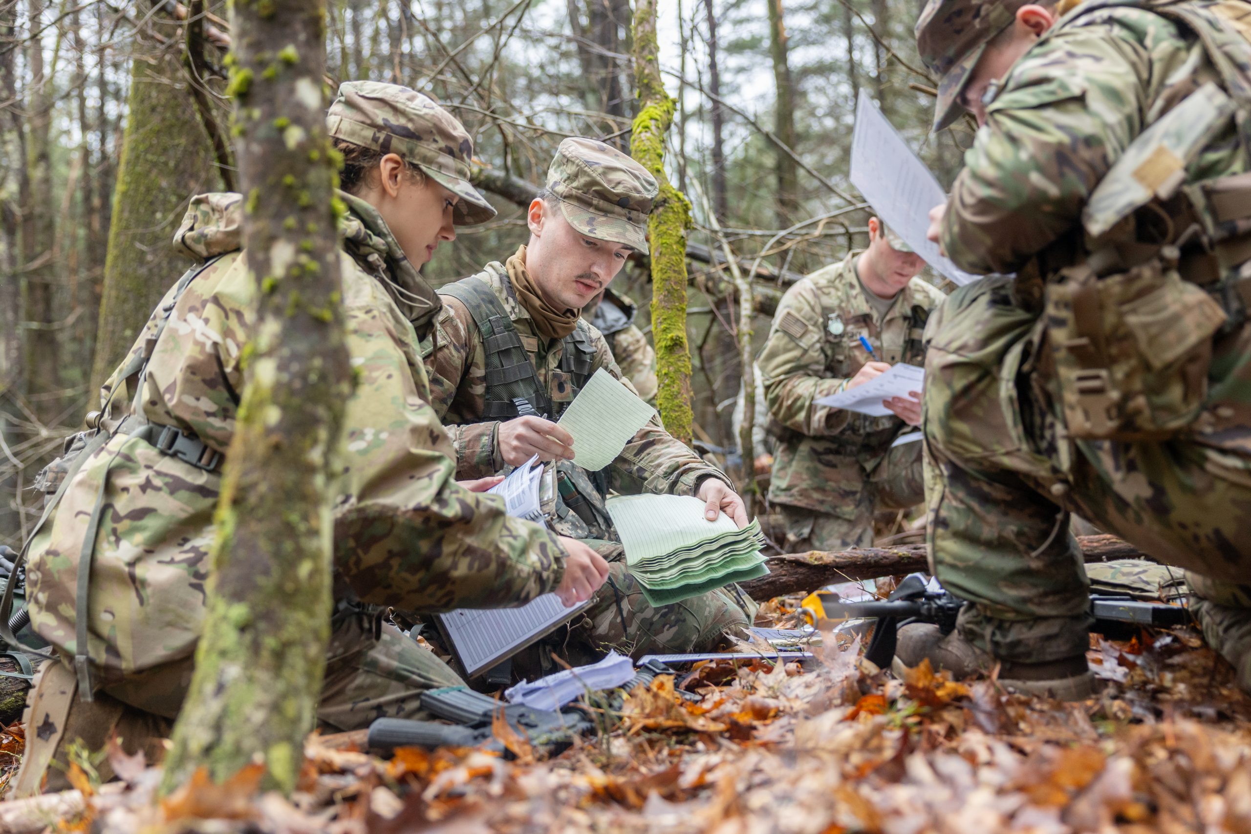 Army ROTC cadets work during an exercise on the second day of the Combined Field Training Exercise (CFTX) at Fort Devens.