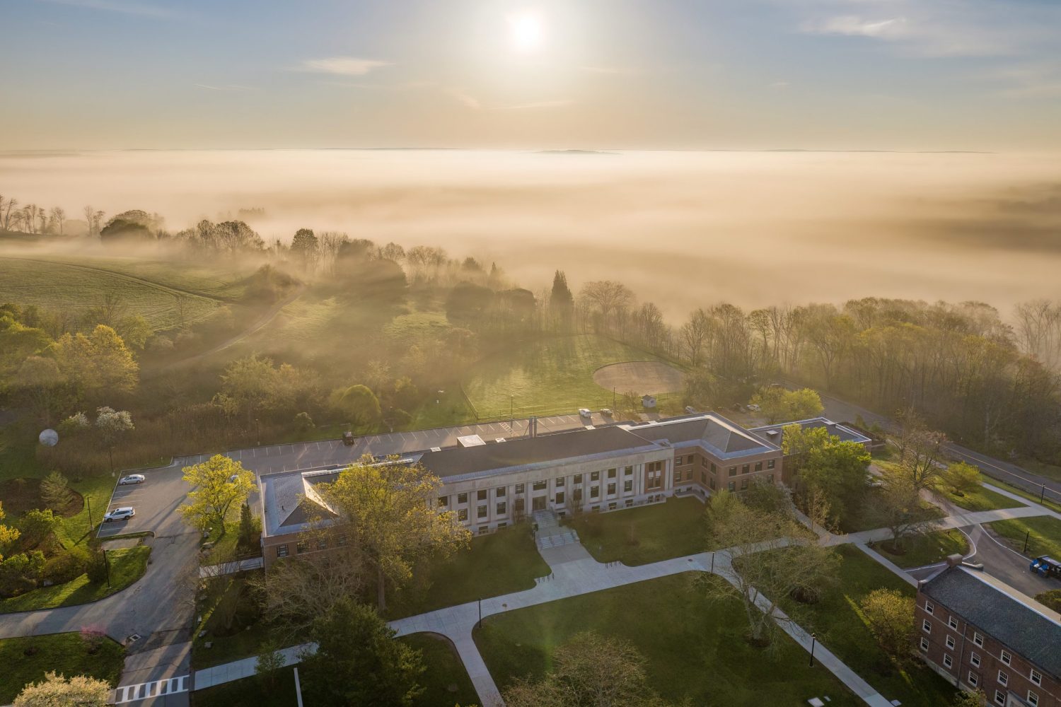 Drone of Young building and Horsebarn Hill