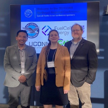 Davis Chacón-Hurtado; Gabriella Frey ’15 (ENG); and Jeffrey McCutcheon, Centennial Professor in the Chemical and Biomolecular Engineering Department at the EWB Conference. 