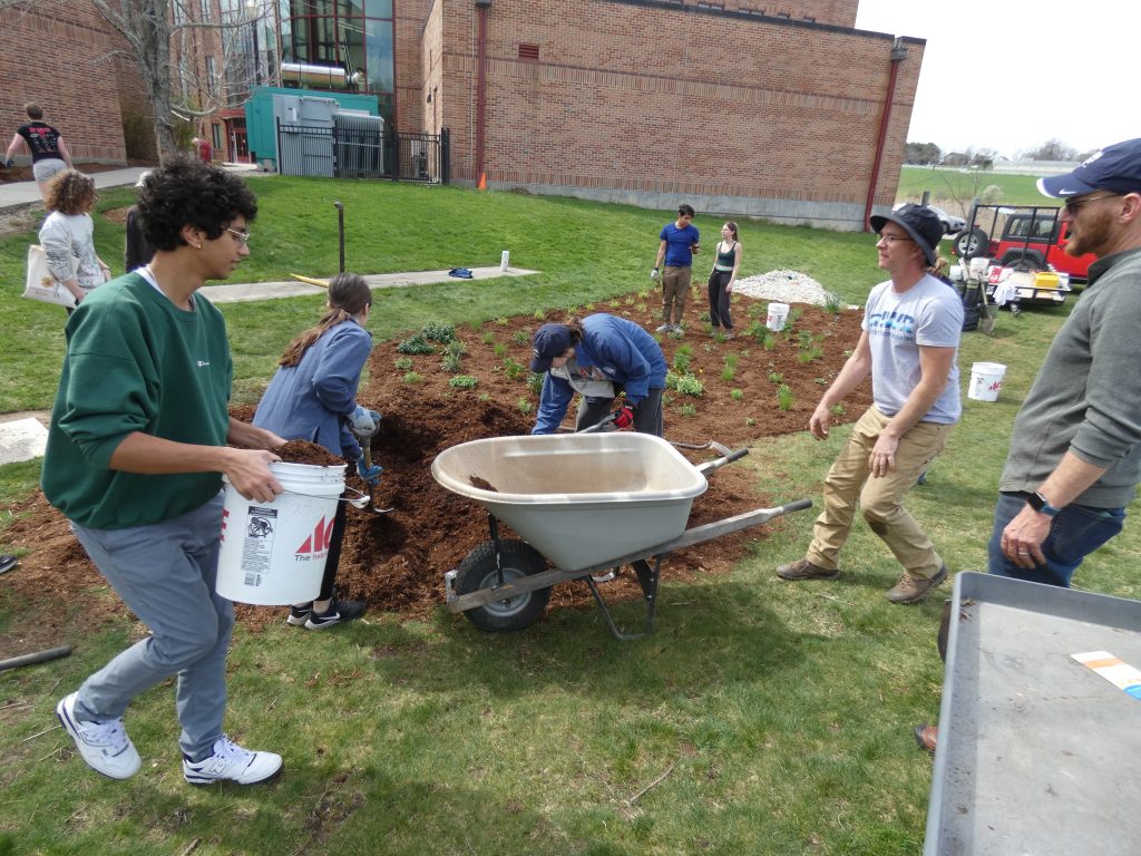 Students and UConn Extension faculty work to plant a rain garden next to the Dairy Bar.