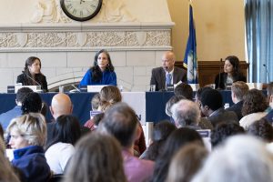 The second panel at the UConn Law Center for Energy and Environmental Law's annual Earth Day conference discussed local activism. The speakers were Bruni Pizarro, Roger Reynolds, and Naina Agrawal-Hardin; with Camila Bustos as moderator, left.