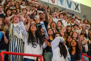 UConn students watch the men's national championship game from Gampel Pavilion. (Peter Morenus / UConn Photo)