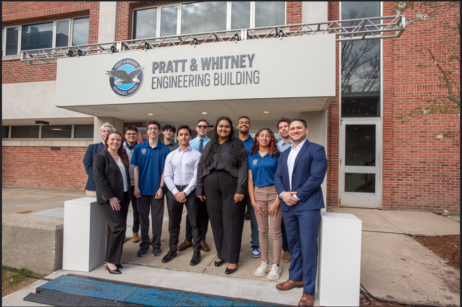 CoE students at the rededication of the Pratt & Whitney Engineering Building, held in April