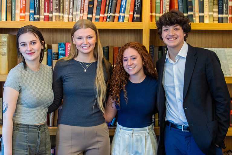 Journalism students left to right: Ally LeMaster ’24 (CLAS), Izetta Asikainen ’24 (CLAS), Coral Aponte ’24 (CLAS), Luke Feeney ’24 (CLAS).
