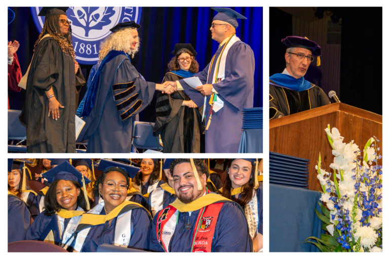 Collage of photos from UConn School of Social Work's 2024 Commencement, including image of the university President shaking hands with student speaker Juan Torres, a group of students in the audience, and Associate Dean for Academic Affairs Scott Harding at the podium.