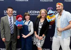 Pictured second from the right, Sandra Chafouleas, co-created the award-winning "Feel Your Best Self" Toolkit. Also pictured are Casey Cobb, Neag School Professor of Educational Leadership, and two puppeteers from the FYBS program. (Matthew Hodgkins/UConn)