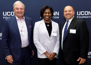 Pictured from left to right are Dean Emeritus Richard Schwab; Gladis Kersaint, former dean of the Neag School; and Dean Jason G. Irizarry. (Matthew Hodgkins/UConn)