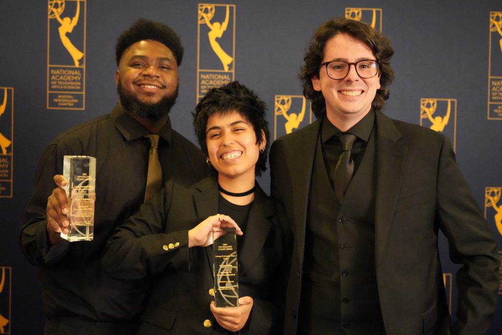 Jayvell Gray '23 (SFA), Agustina Aranda '23 (SFA), and Christopher Orrico '23 (SFA) at the 47th Boston/New England Emmy® Awards Gala.