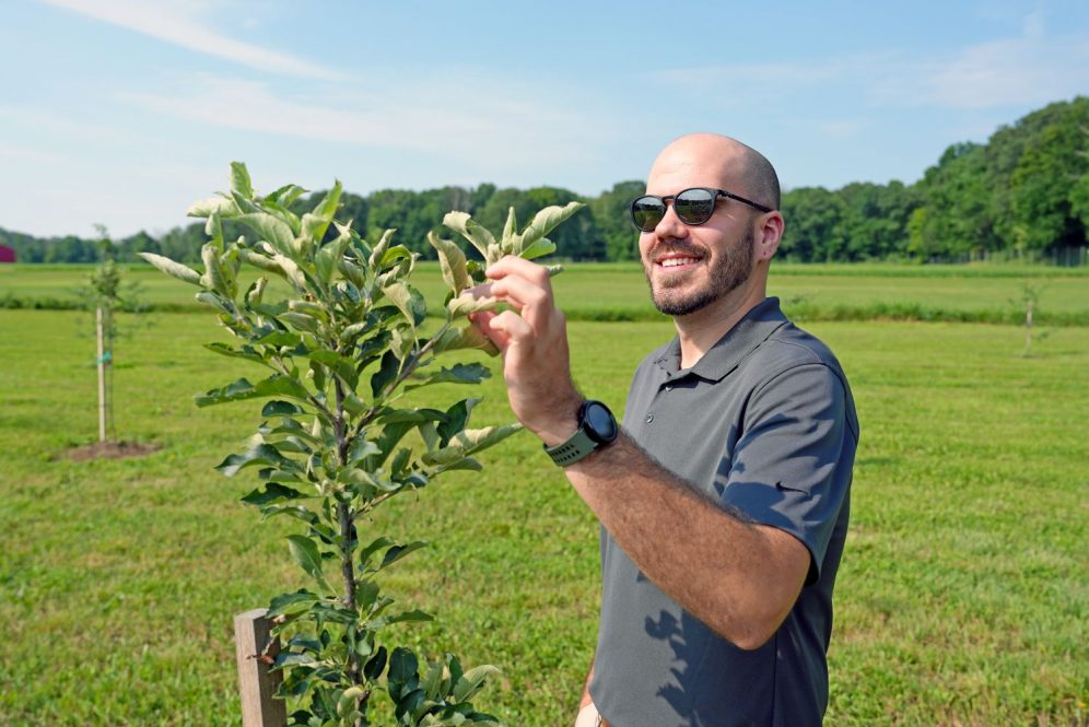 Evan Lentz, UConn Extension educator, in the growing UConn orchard. (Jason Sheldon/UConn Photo)