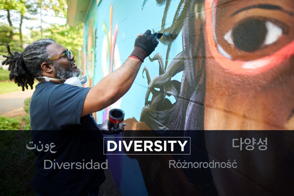 Diversity banner with photo of Andre Rochester painting a mural outdoors
