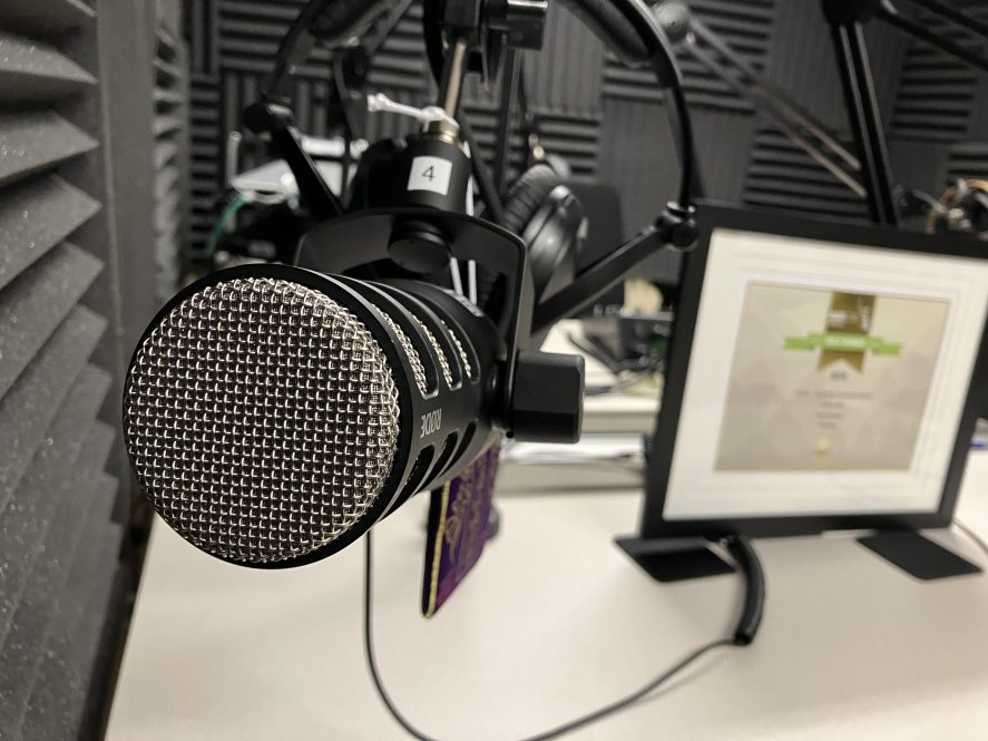 A microphone in the UConn recording studio.