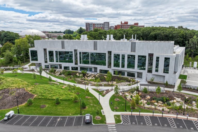 An aerial view of the Science 1 building on a sunny day in Storrs on Aug. 20, 2024.