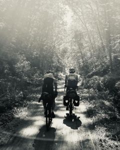 two bicyclists heading away from camera down tree-lined path