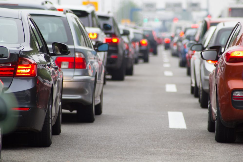 A line of cars on the highway