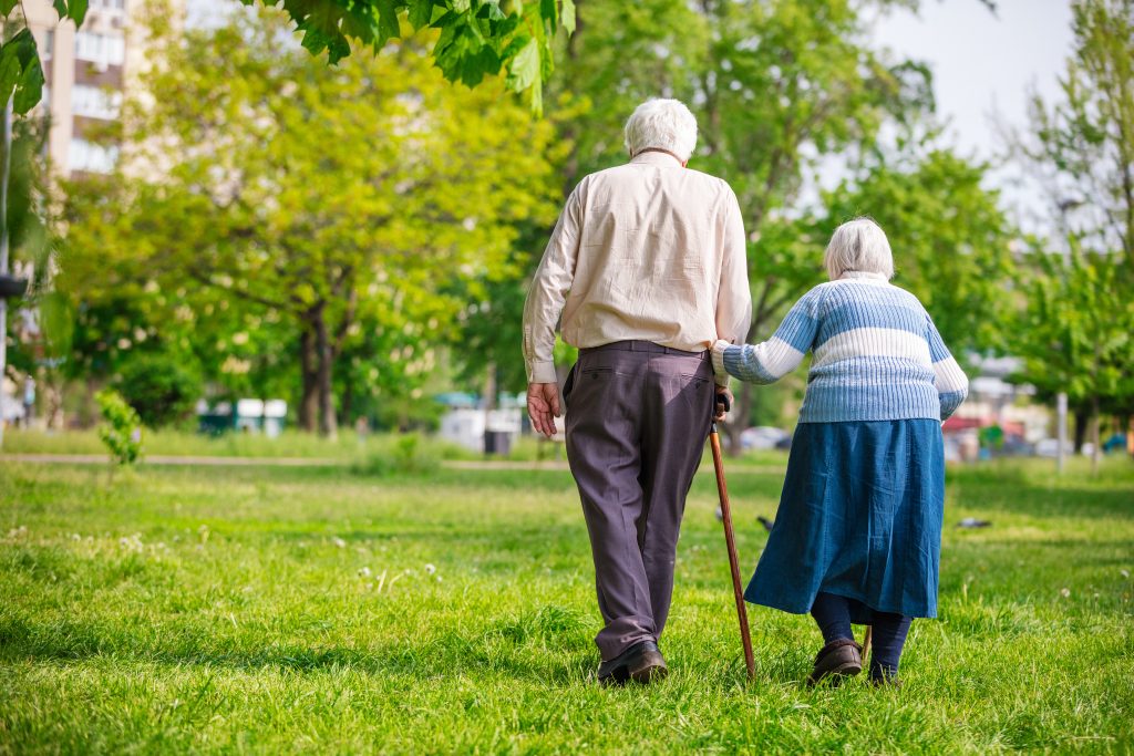 Elderly couple walking side-by-side in a park