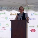 Head of the Department of Plant Science and Landscape Architecture, Sydney Everhart, speaks with attendees at the 2024 Turfgrass Field Day. (Jason Sheldon/UConn Photo)