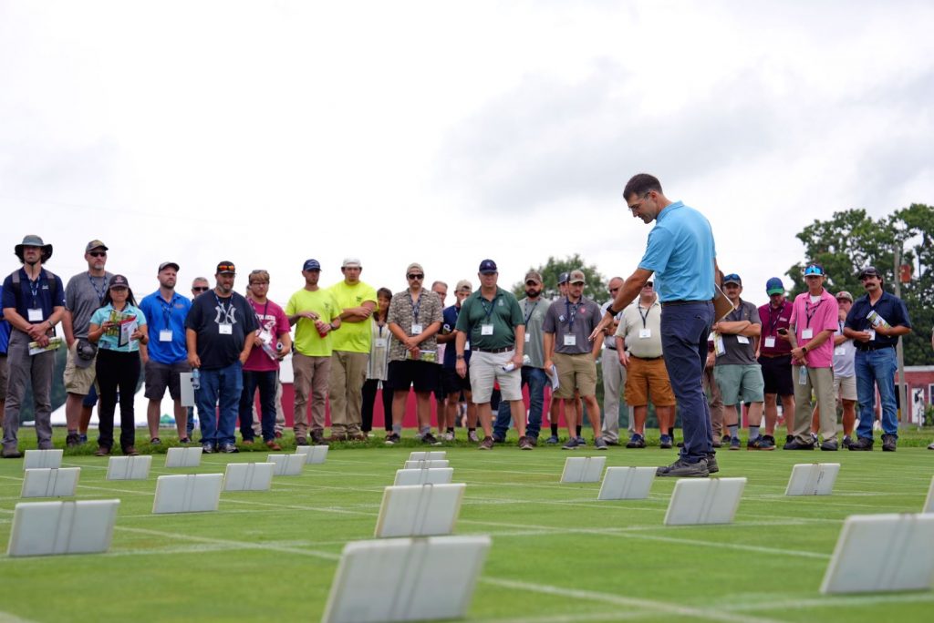 John Inguagiato, associate professor of turfgrass pathology in the Department of Plant Science and Landscape Architecture, speaks with attendees of the 2024 Turfgrass Field Day. (Jason Sheldon/UConn Photo)