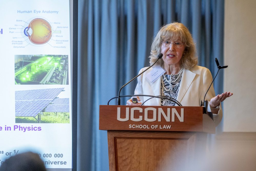 Nora Berrah, Board of Trustees Distinguished Professor speaking at the UConn National Academy of Sciences Celebration at UConn School of Law.