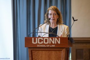 Kathleen Segerson, Ph.D. Board of Trustees Distinguished Professor speaking at the UConn National Academy of Sciences Celebration at the UConn School of Law.