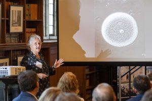 Laurinda Jaffe, Ph.D. Board of Trustees Distinguished Professor speaking at the UConn National Academy of Sciences Celebration at the UConn School of Law.