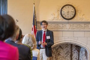 Se-Jin Lee, M.D., Ph.D. Presidential Distinguished Professor speaking at the UConn National Academy of Sciences Celebration at the UConn School of Law.