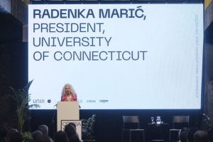 UConn President Radenka Maric delivers remarks at the ISA International Conference 2024 at the University of Rijeka in Croatia. 