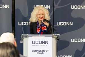 UConn President Radenka Maric speaks during the ribbon cutting for Connecticut Hall