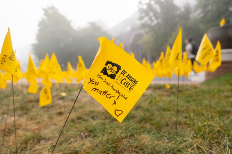 A gold flag promoting UConn Suicide Prevention Week sits among others next to Fairfield Way.