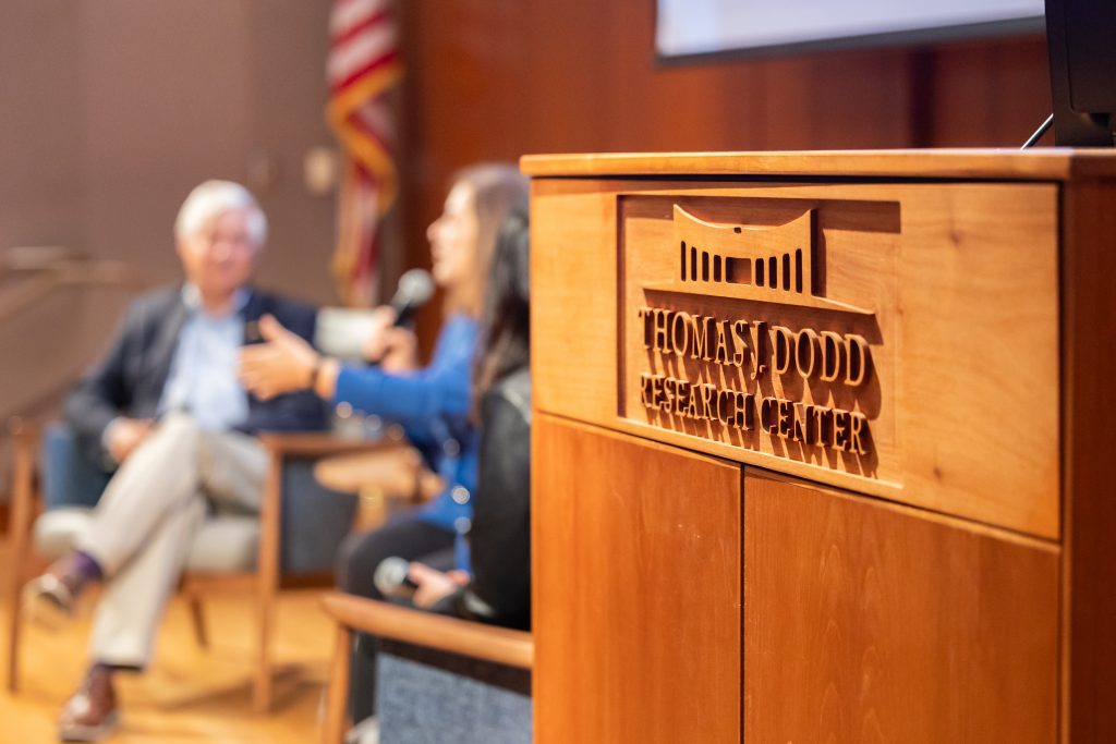 Former members of Congress Fred Upton and Loretta Sanchez participate in a discussion with NBC CT anchor and reporter Amber Diaz '11 (CLAS) during Congress to Campus at the Dodd Center.