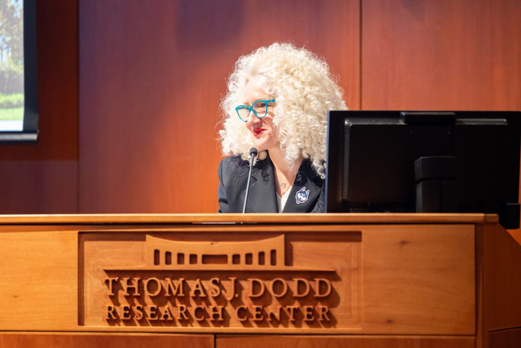 UConn President Radenka Maric gives opening remarks during Congress to Campus at the Dodd Center.