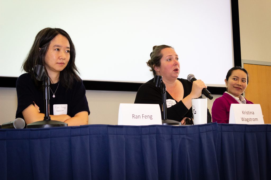 Panelists Ran Feng, Kristina Wagstrom, and Zongjie Wang.