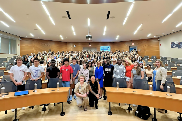 School of Nursing freshman class group shot taken at the Peggy Szczesny auditorium