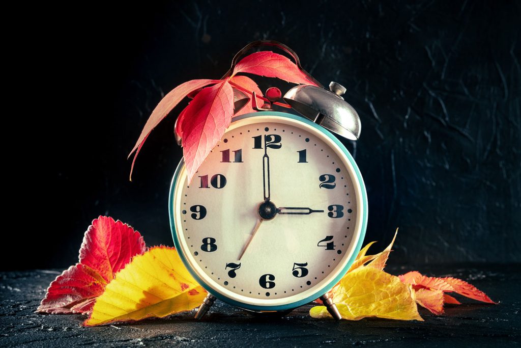 old-fashioned alarm clock with fall leaves around it