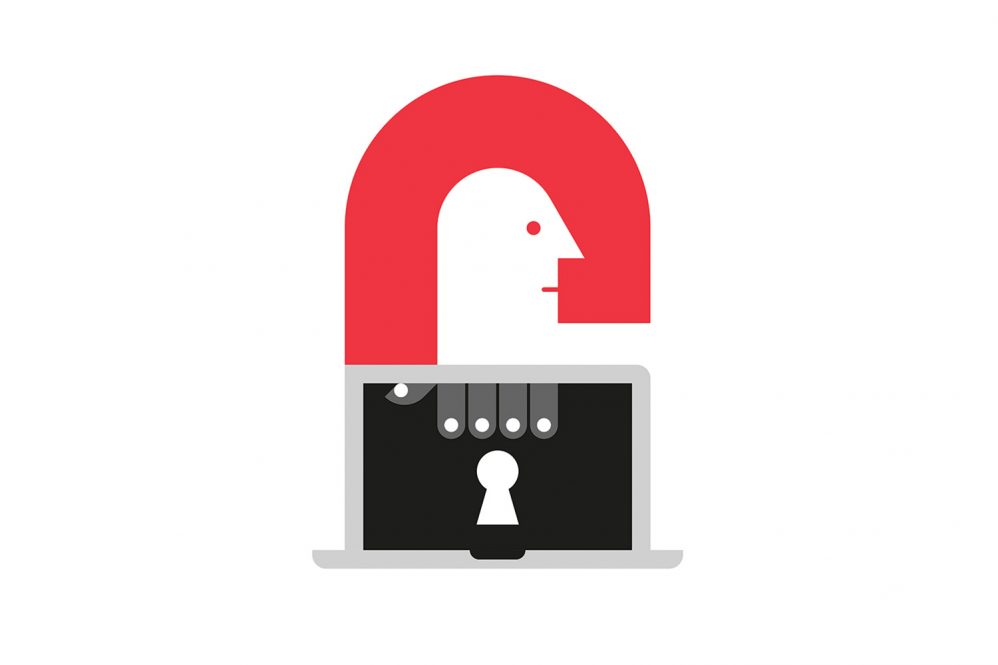 abstract illustration of lock which includes elements such as a man's face, laptop, and keyhole