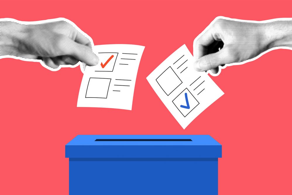 Hand with ballot papers and ballot box.