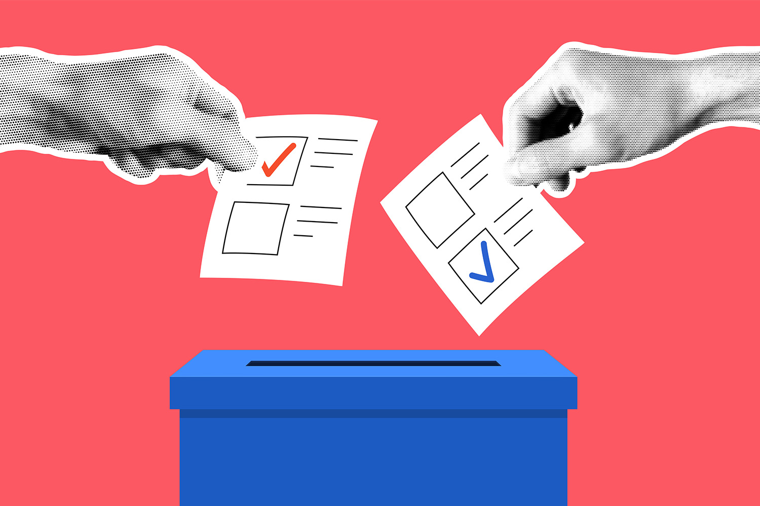 Hand with ballot papers and ballot box.